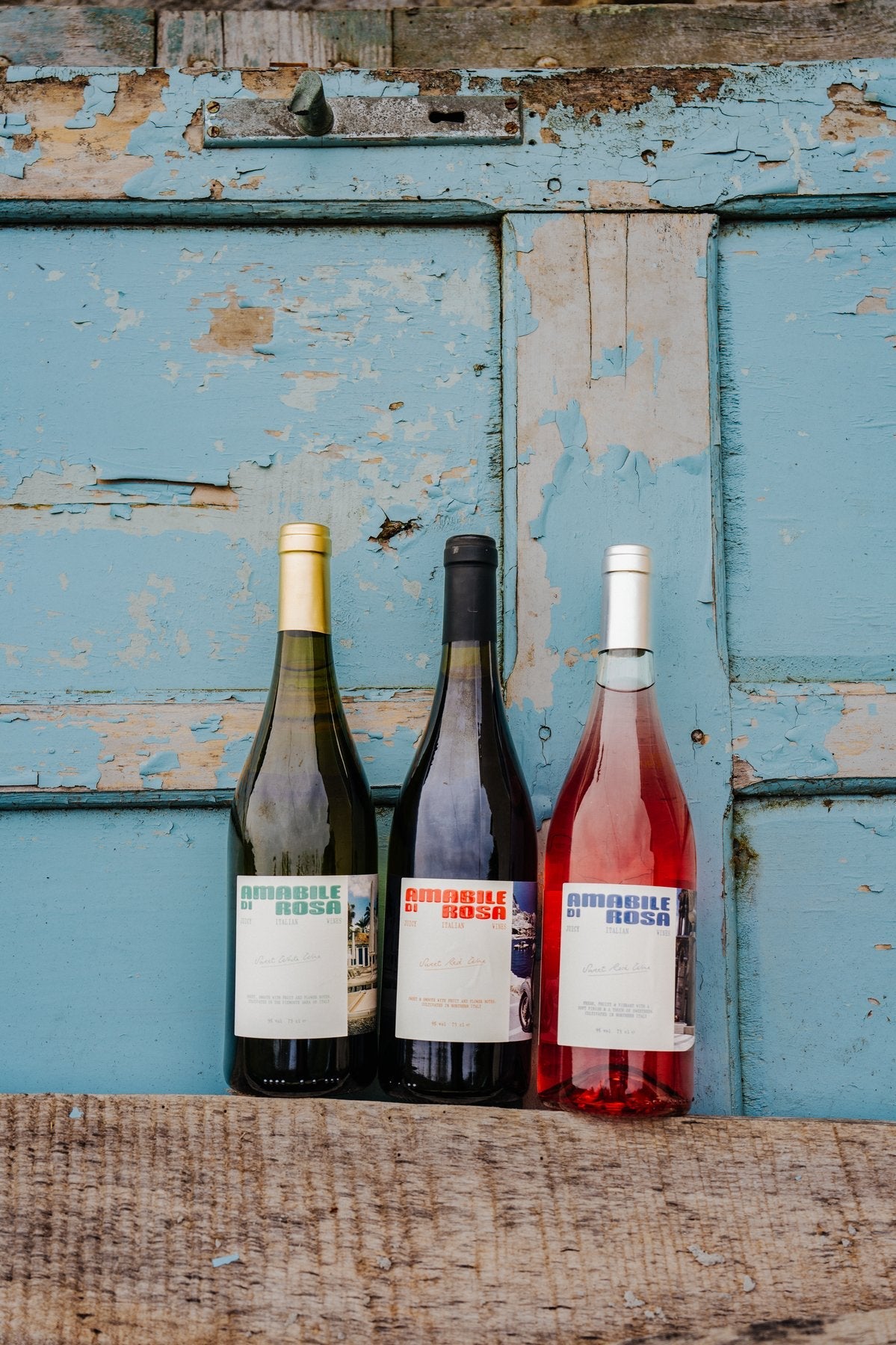 The Amabile di Rosa trio against a weathered teal door